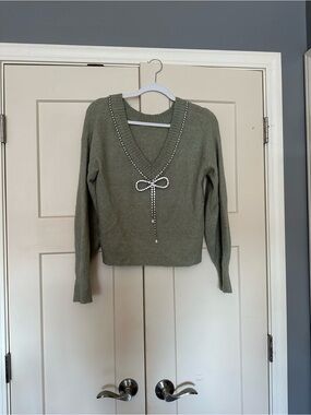 Express Olive Green V-Neck Sweater with Pearl Bow Detail
